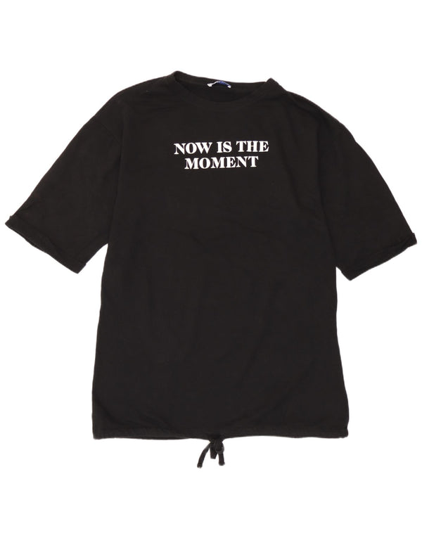 Zara Womens Graphic T-Shirt Top UK 16 Grande Algodão Preto