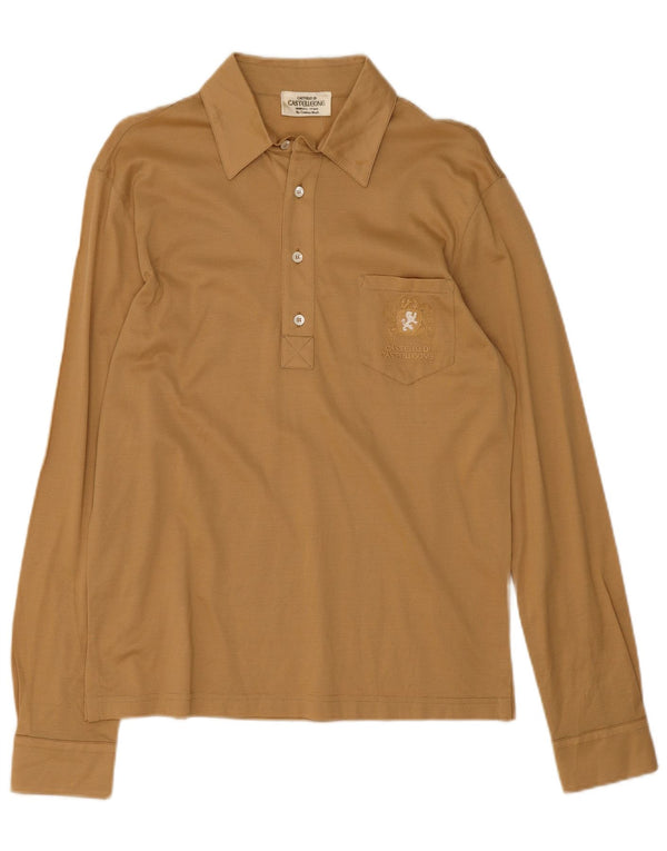 Camisa polo masculina vintage de manga comprida bege médio