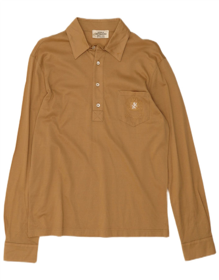 Camisa polo masculina vintage de manga comprida bege médio