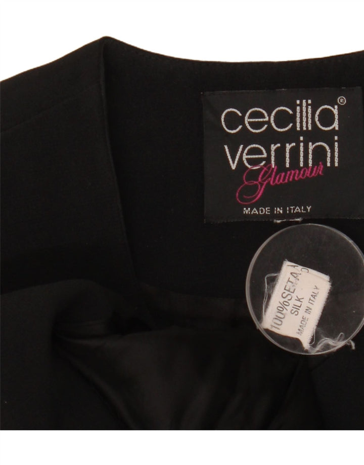 Jaqueta blazer feminina vintage com 3 botões Reino Unido 14 seda preta média com bolinhas