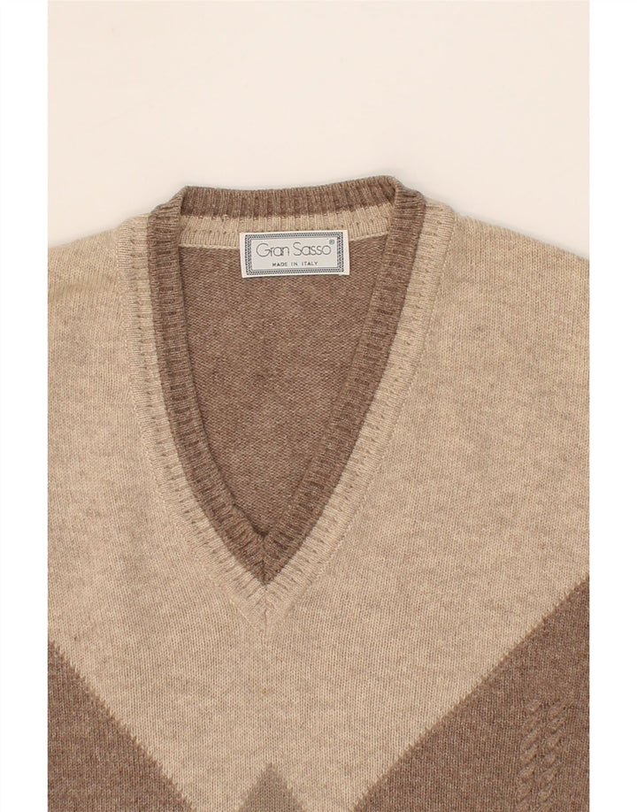 Suéter masculino GRAN SASSO com decote em V grande marrom argyle/lã diamante