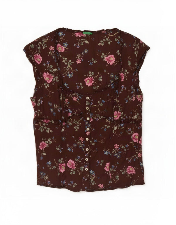Blusa feminina sem mangas Benetton UK 10 pequena viscose floral marrom