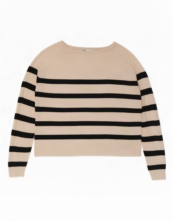Zara Suéter feminino cropped com gola canoa UK 14 médio off white listrado