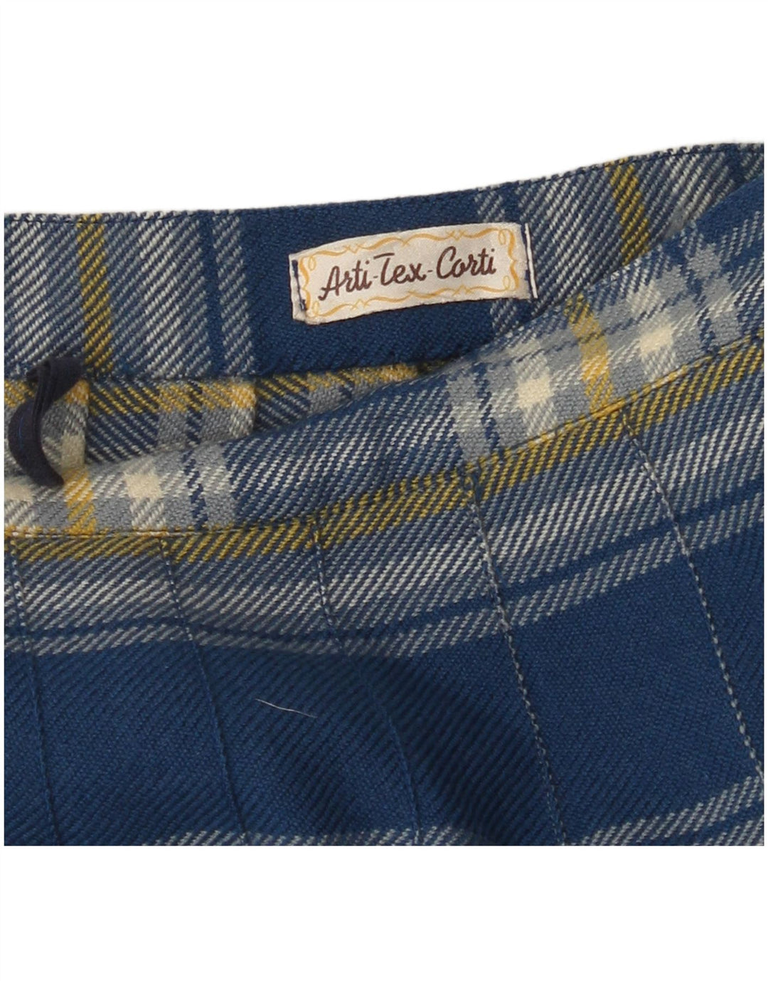 Saia feminina VINTAGE cintura alta plissada evasê W26 pequena xadrez azul