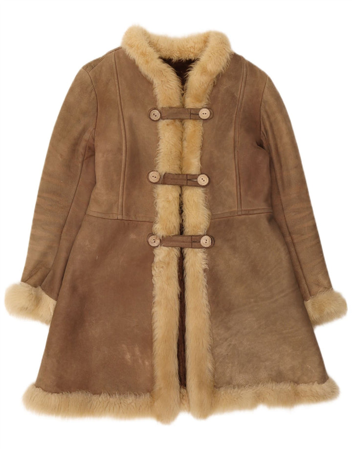 Casaco feminino vintage de shearling UK 10 pequeno marrom