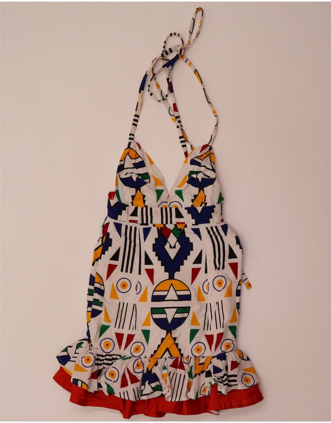 Vestido frente única feminino vintage Reino Unido 8 pequeno geométrico multicolorido