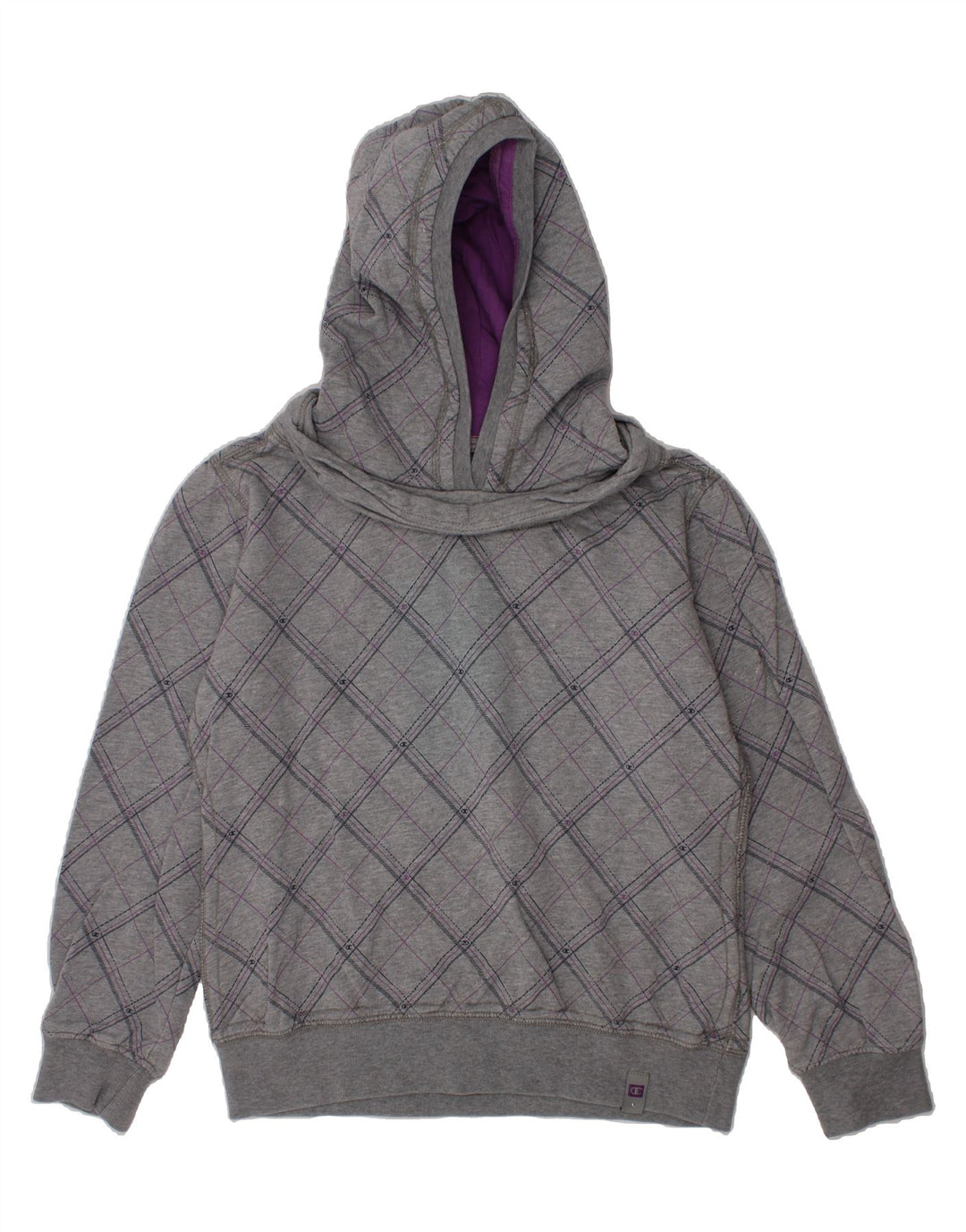 CHAMPION Girls Hoodie Jumper 11-12 Years Large  Grey Check Cotton Vintage Champion and Second-Hand Champion from Messina Hembry 