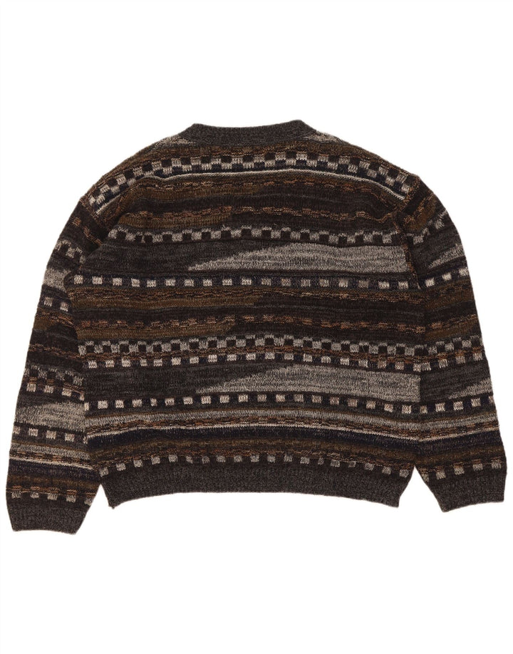 Suéter masculino vintage com decote em V grande lã geométrica cinza