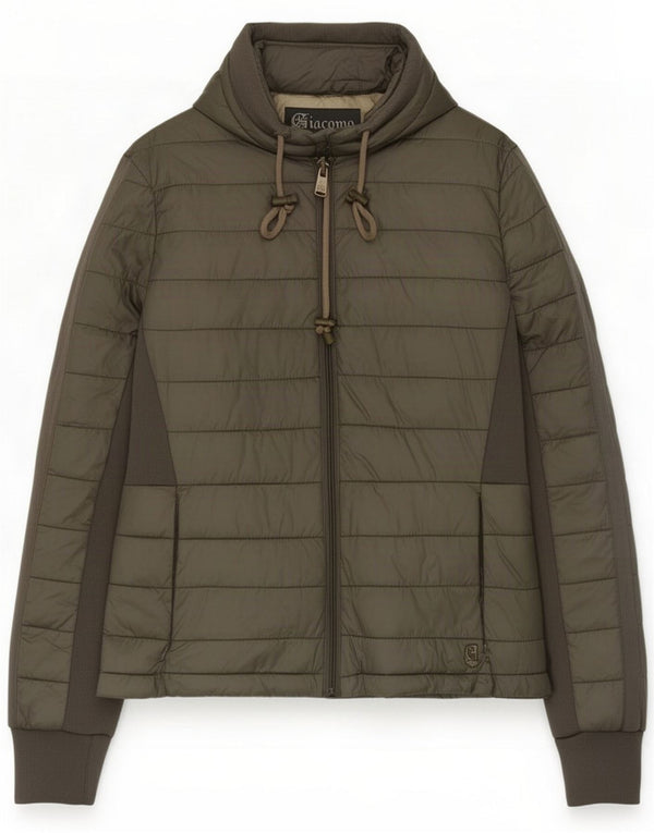 Jaqueta feminina acolchoada com capuz Giacomo UK 10 poliéster colorblock cáqui pequeno