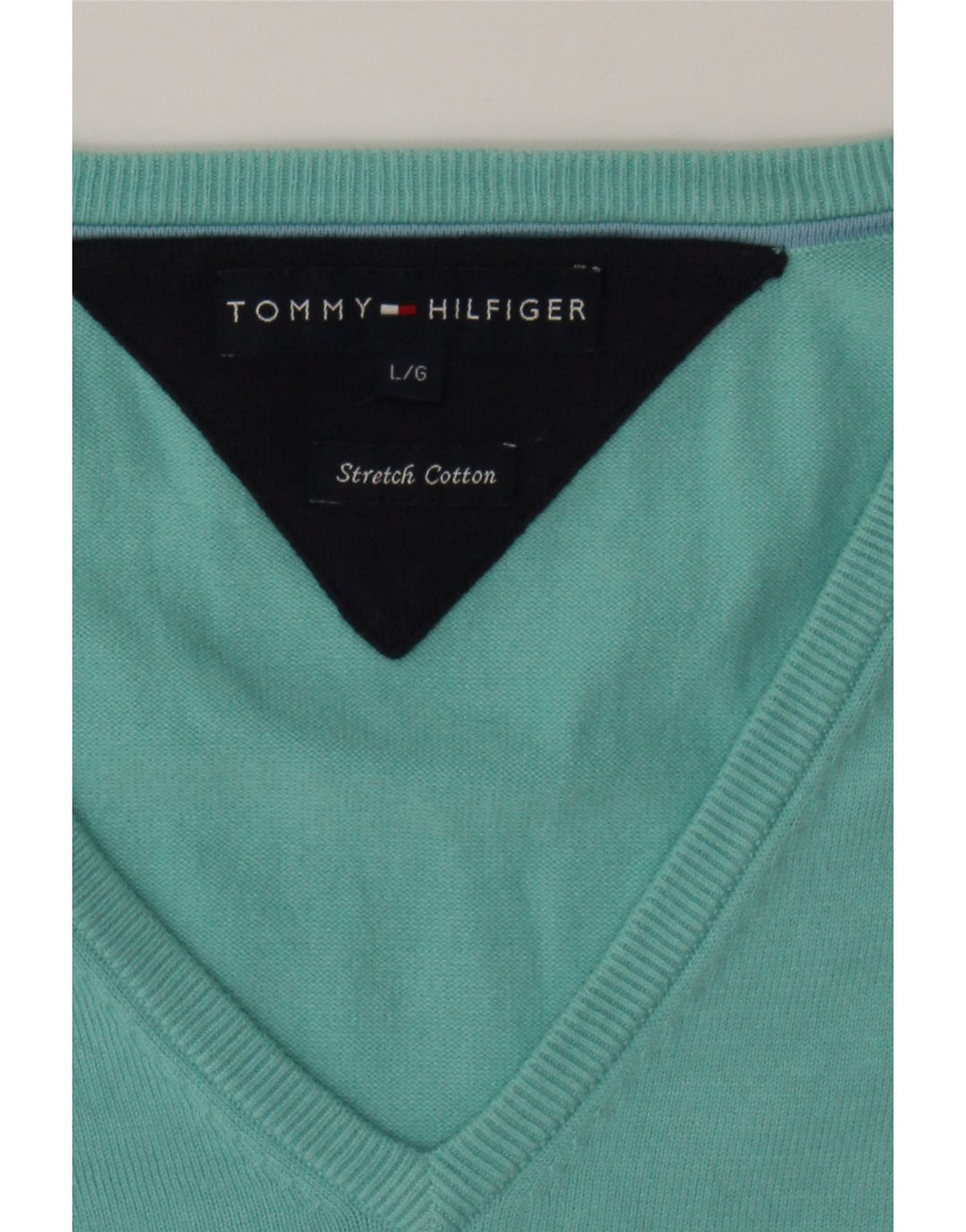 TOMMY HILFIGER Mens V-Neck Jumper Sweater Large Turquoise Cotton Vintage Tommy Hilfiger and Second-Hand Tommy Hilfiger from Messina Hembry 