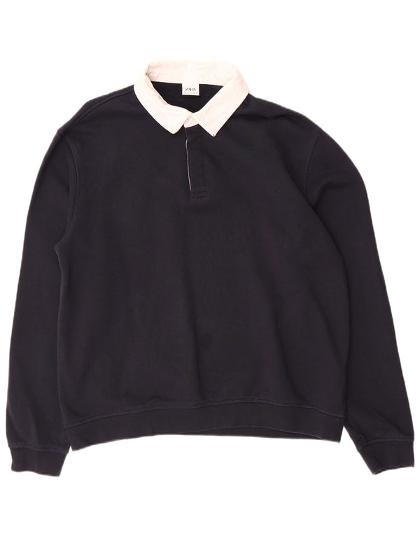 Suéter Zara masculino com capuz e gola polo grande azul marinho algodão colorido