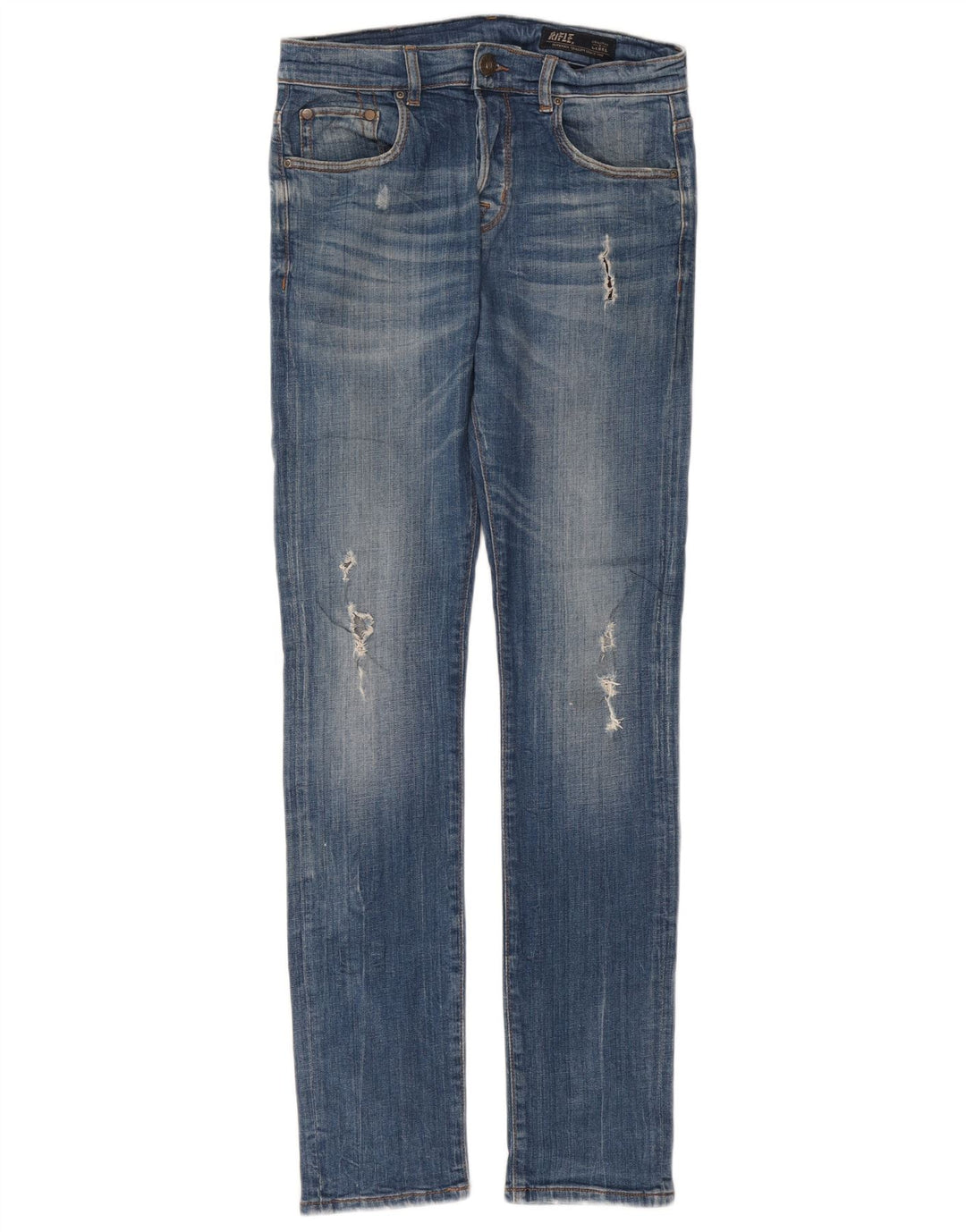 Rifle feminino jeans slim desgastado W30 L33 algodão azul