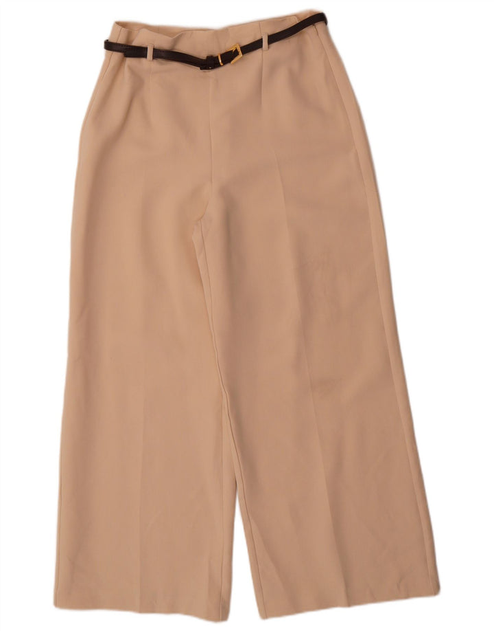 Calça feminina Zara com perna larga cortada pequena W26 L25 poliéster bege