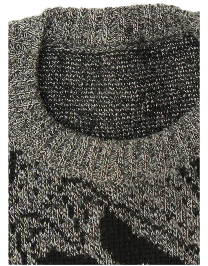 Suéter vintage masculino com gola redonda grande cinza geométrico
