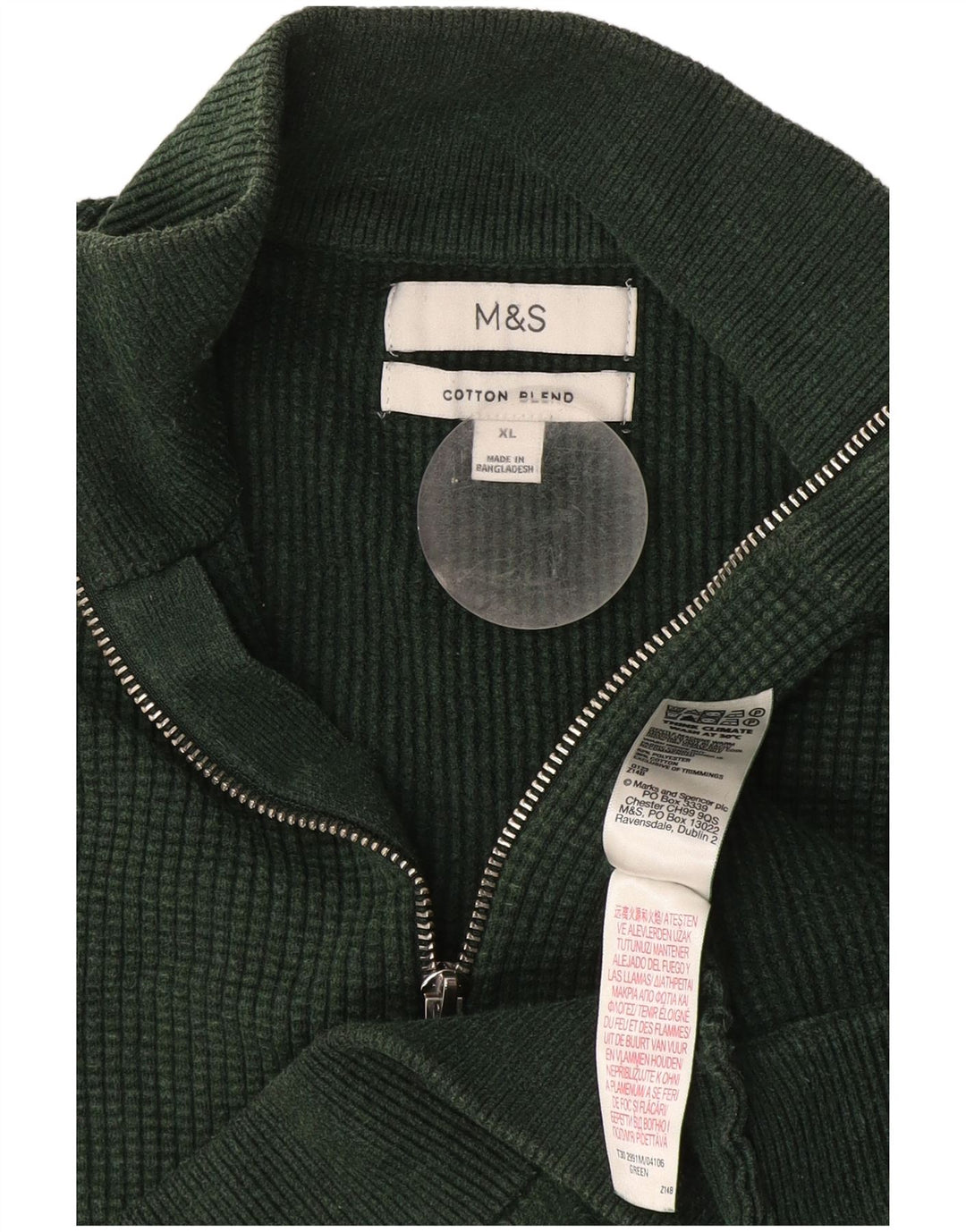 Suéter masculino Marks & Spencer com zíper e gola XL de algodão verde