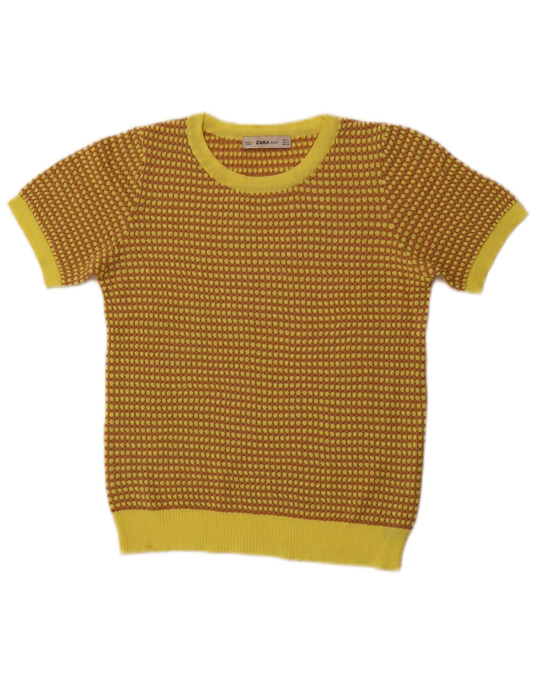 Suéter feminino ZARA com gola redonda e gola redonda Reino Unido 8 pequeno amarelo geométrico