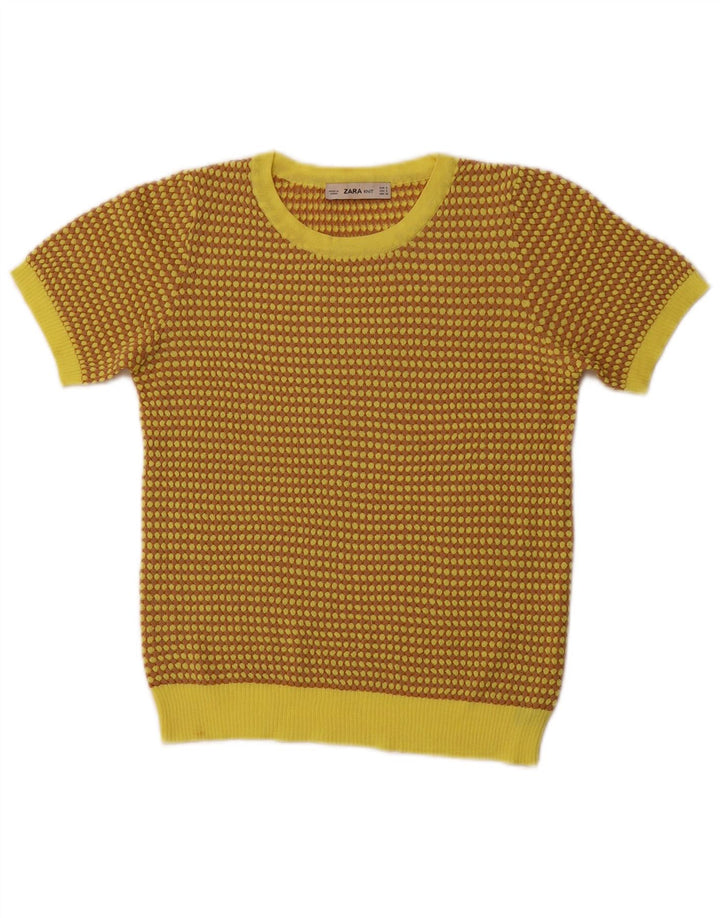 Suéter feminino ZARA com gola redonda e gola redonda Reino Unido 8 pequeno amarelo geométrico
