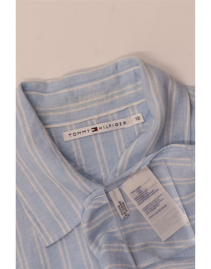 Camisa feminina TOMMY HILFIGER Classic Fit US 12 grande linho listrado azul