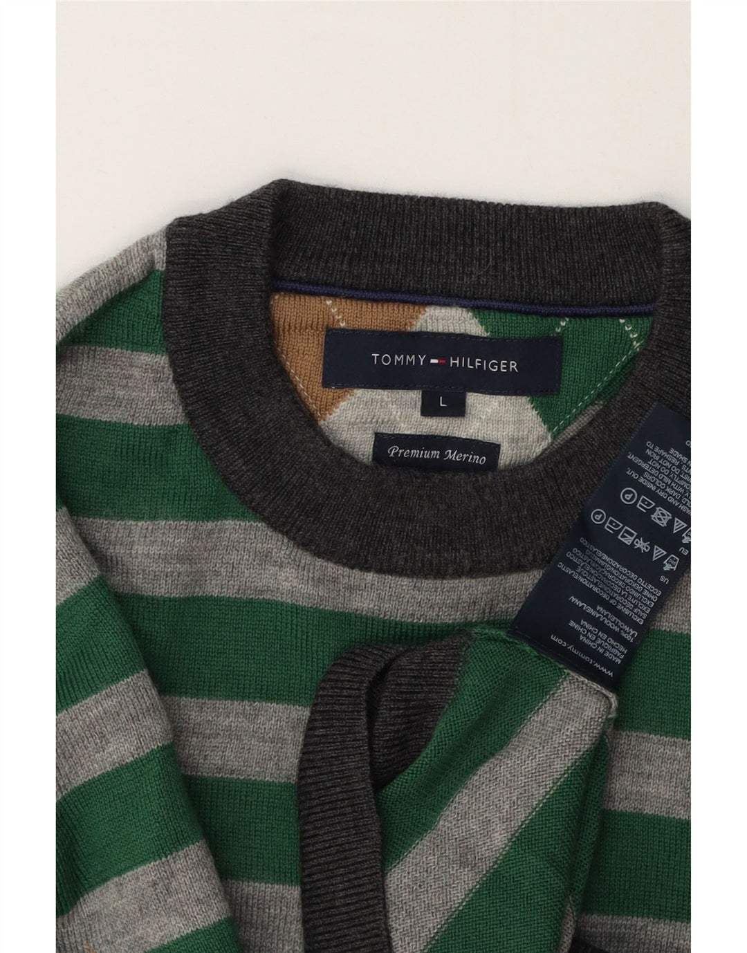 Tommy Hilfiger Suéter masculino com gola redonda, grande lã listrada verde