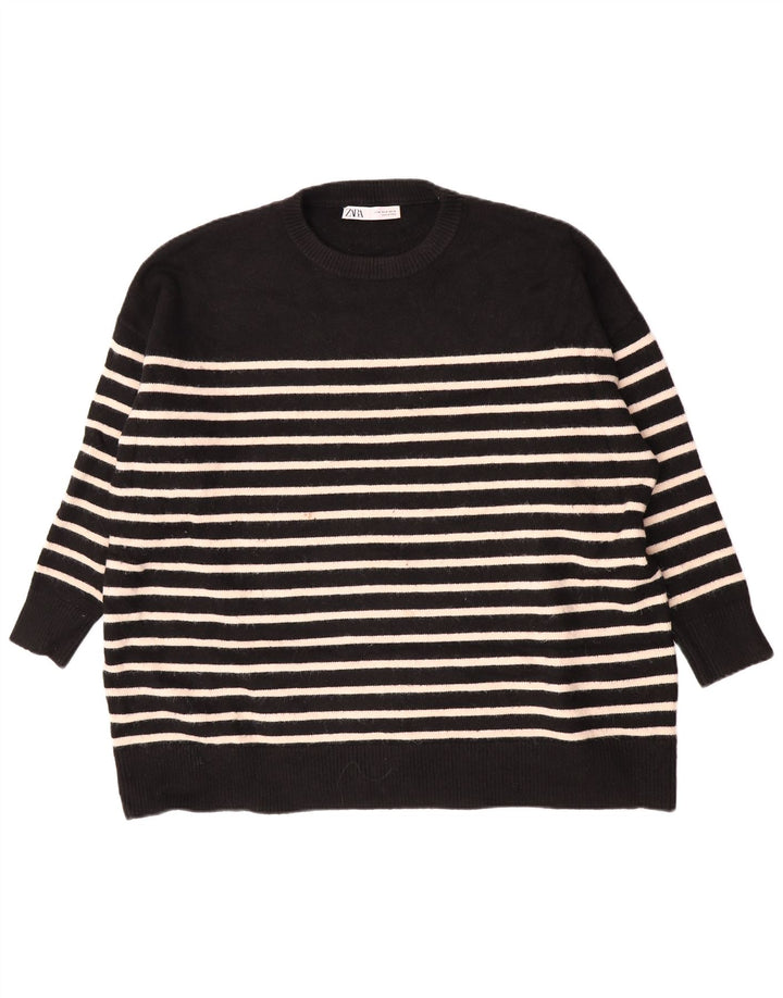 Suéter feminino Zara com gola redonda grande e listrado preto médio UK 14