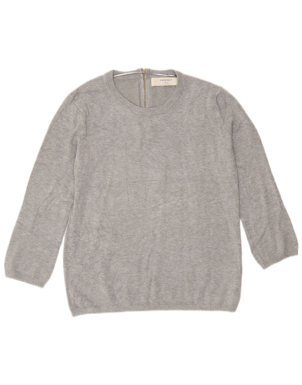 Zara Suéter feminino manga 3/4 com gola redonda Reino Unido 14 grande rayon cinza