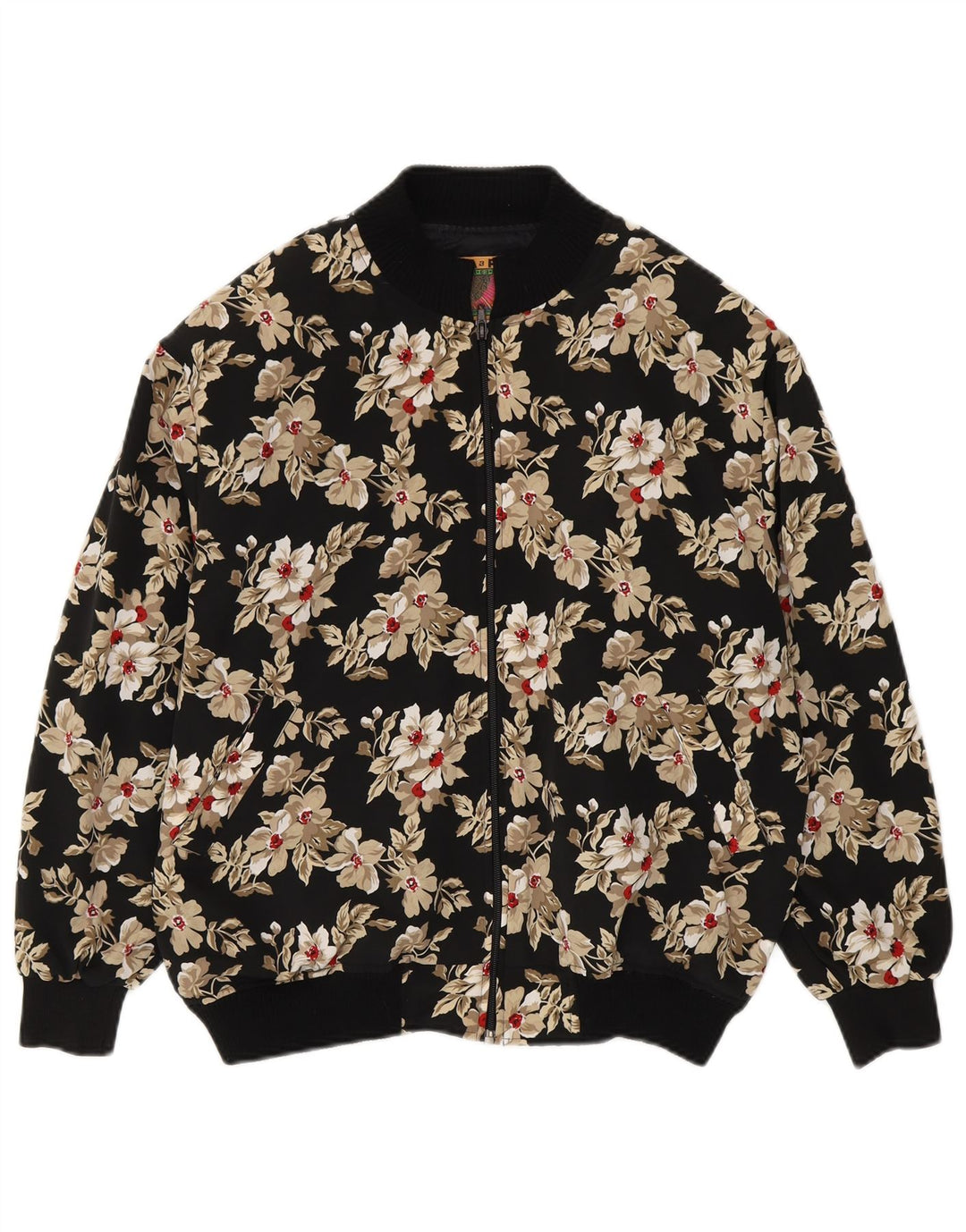Jaqueta bomber feminina vintage de ajuste solto Reino Unido 14 poliéster floral preto médio
