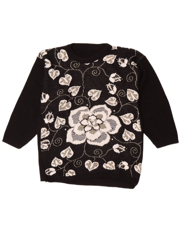 Suéter feminino vintage com gola redonda Reino Unido 16 grande preto floral
