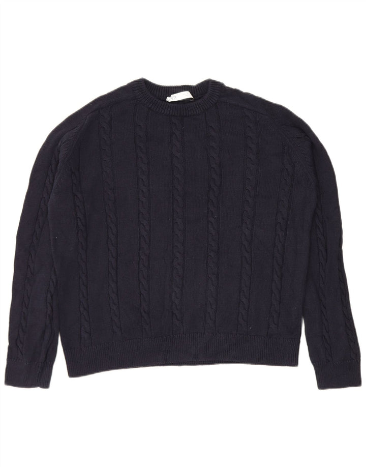 Zara Suéter masculino com gola redonda pequeno algodão azul marinho