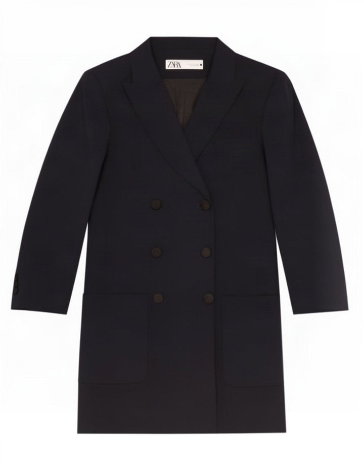 Casaco feminino Zara com peito duplo UK 12 poliéster azul marinho médio