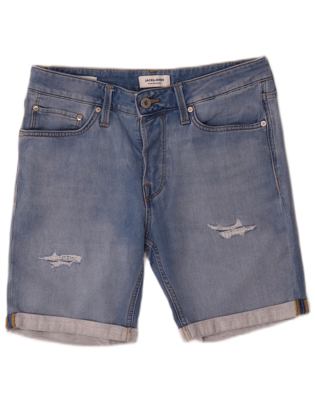 Shorts jeans masculinos Jack & Jones desgastados médio W32 algodão azul