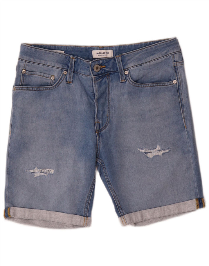 Shorts jeans masculinos Jack & Jones desgastados médio W32 algodão azul