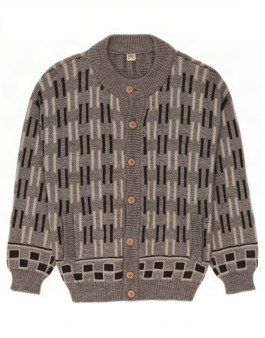 Suéter cardigã masculino vintage grande lã geométrica cinza
