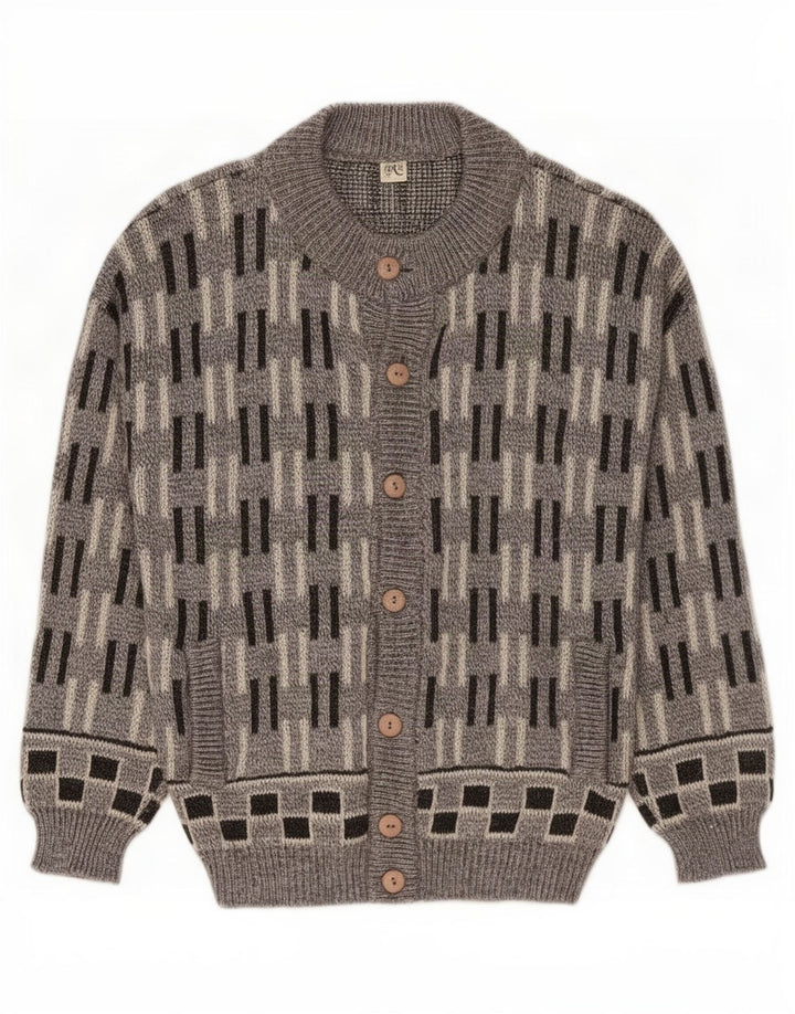 Suéter cardigã masculino vintage grande lã geométrica cinza