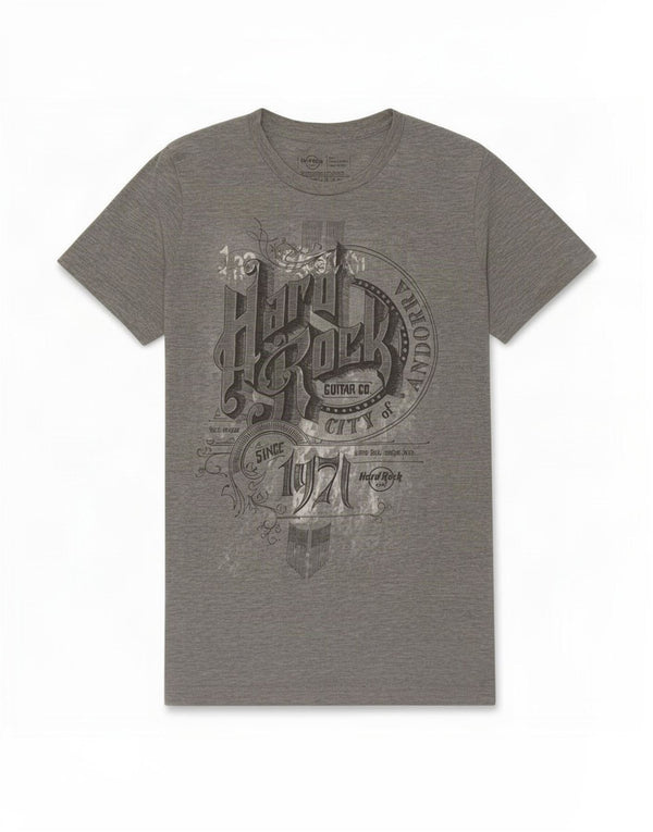 Camiseta masculina Hard Rock Cafe Andorra com estampa gráfica pequena de algodão cinza manchado