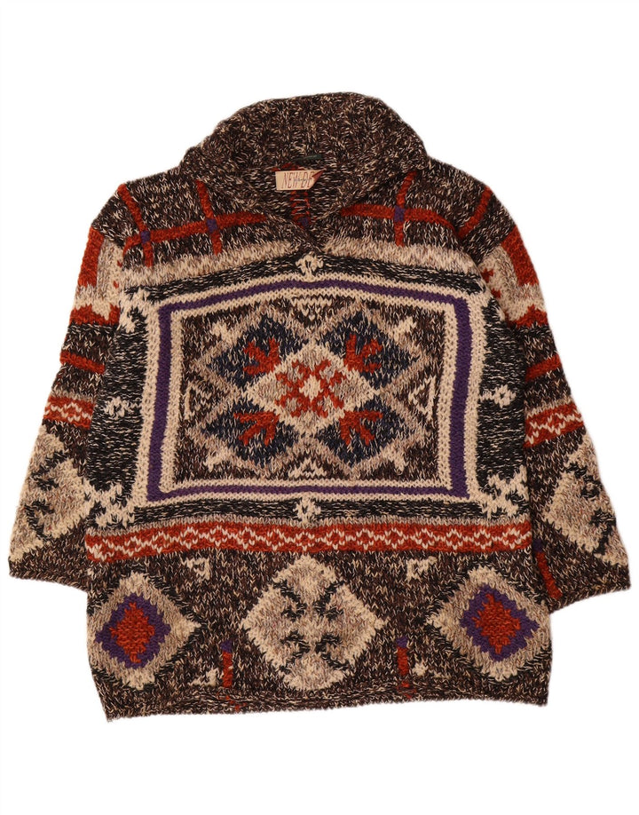 Suéter vintage masculino com gola polo e grande geométrico multicolorido