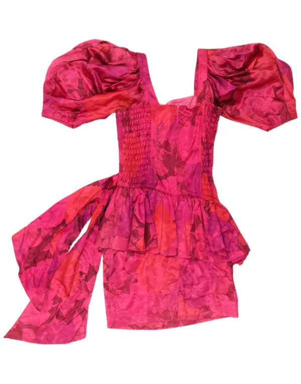 Vestido feminino vintage Peplum UK 10 pequeno acetato floral rosa