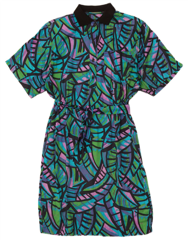 Vestido vintage feminino evasê UK 14 grande bloco colorido multicolorido