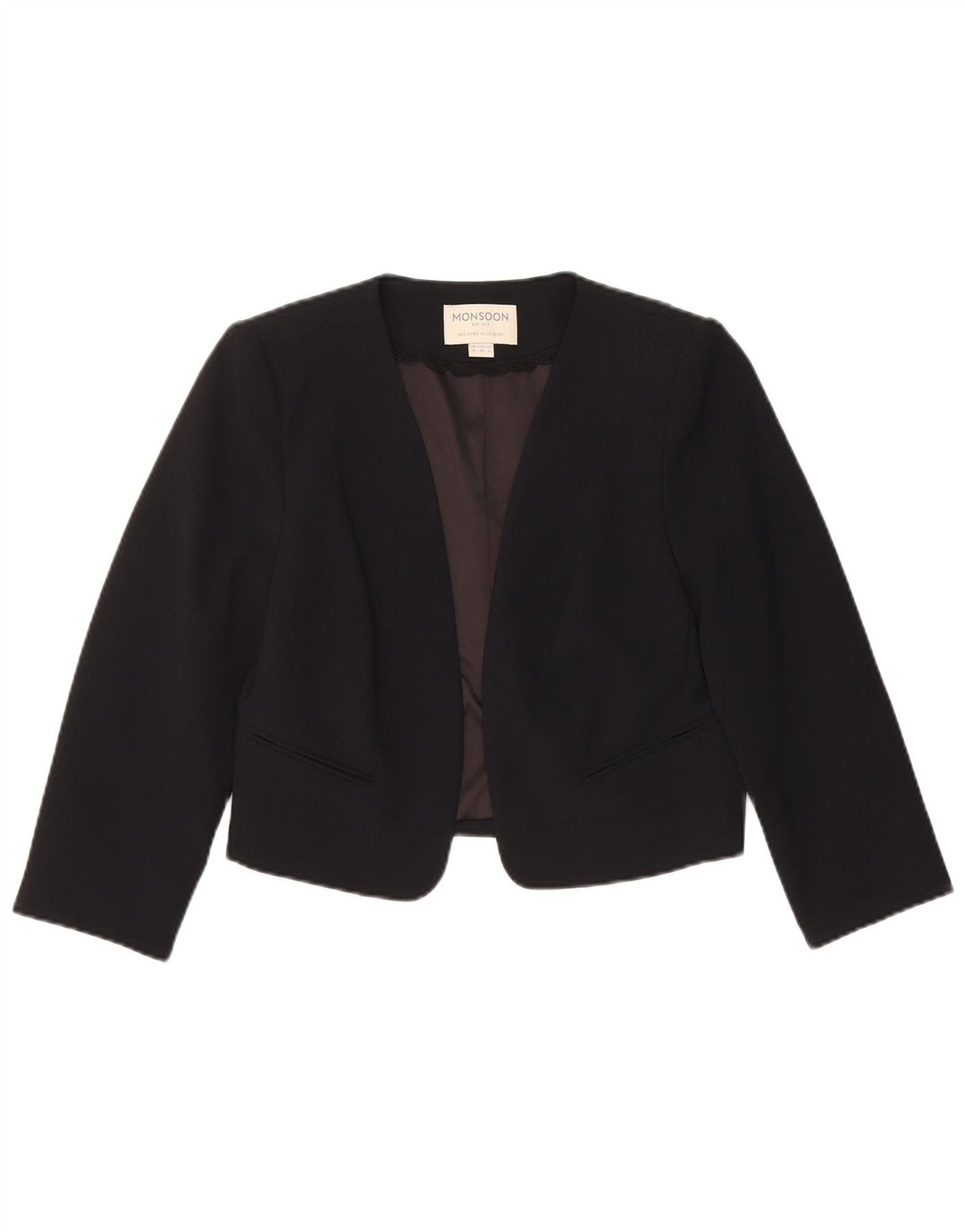 Monsoon Womens Crop Open Blazer Jacket UK 10 Pequeno Poliéster Preto