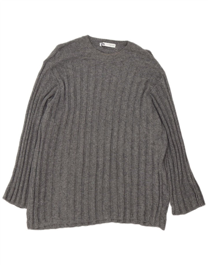 Suéter feminino Zara Longline com gola redonda grande Reino Unido 16 grande cinza