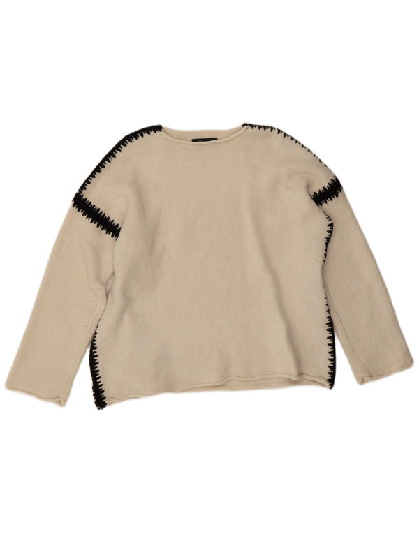 Suéter feminino Zara com gola canoa UK 14 bloco colorido branco médio