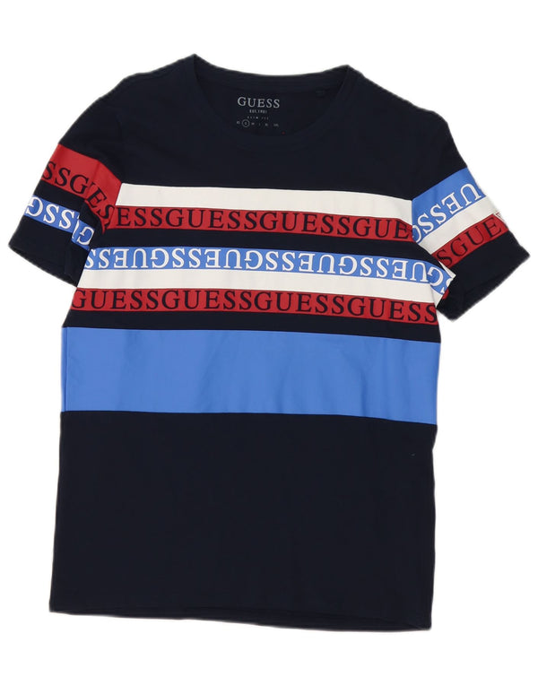 Guess Camiseta masculina slim fit gráfica top pequeno azul marinho colorblock algodão