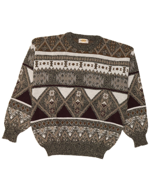 Suéter vintage masculino com gola redonda IT 42/44 grande cinza geométrico