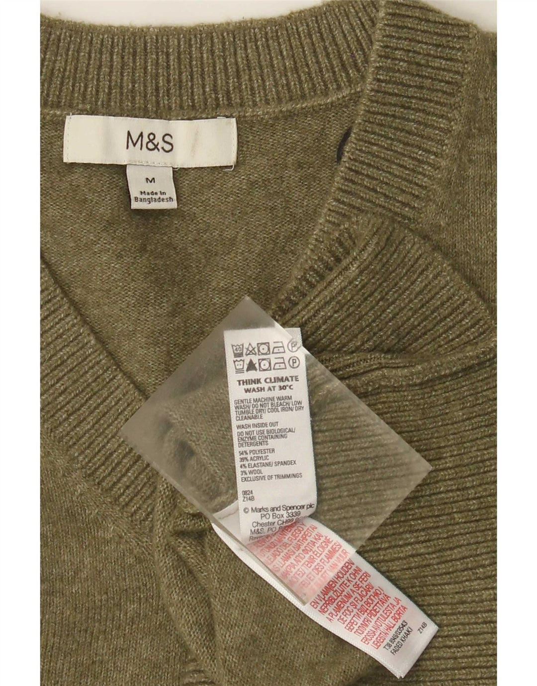 Suéter masculino Marks & Spencer com decote em V, poliéster verde médio
