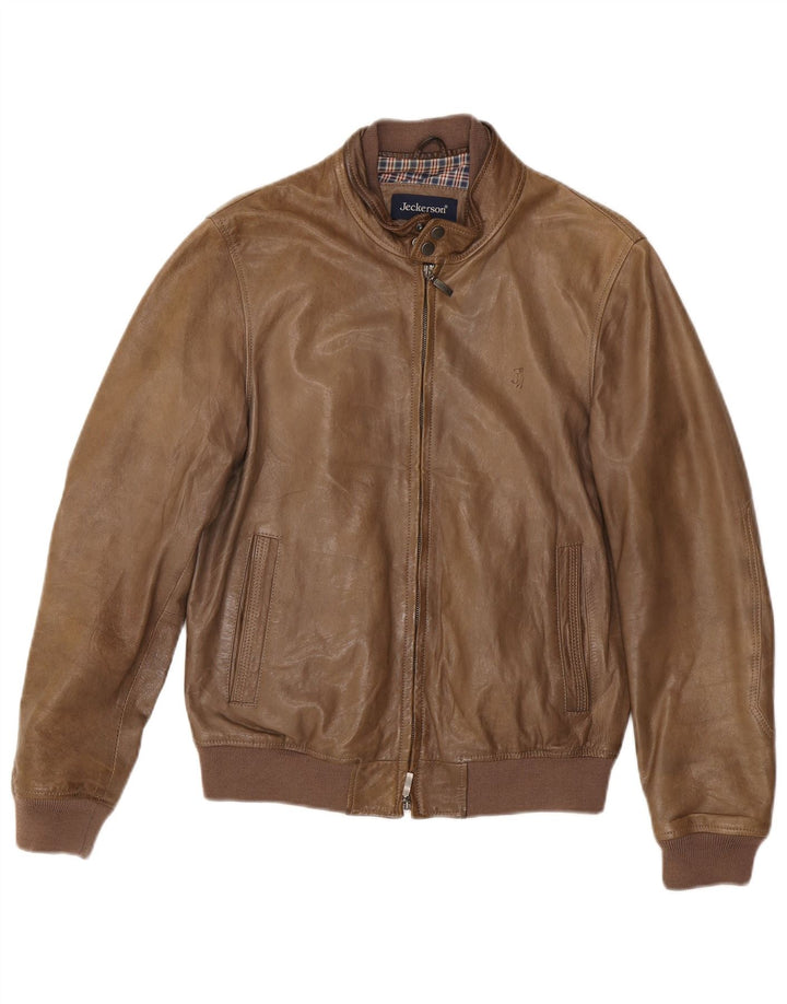 Jaqueta masculina de couro bomber Jeckerson Reino Unido 36 couro marrom pequeno