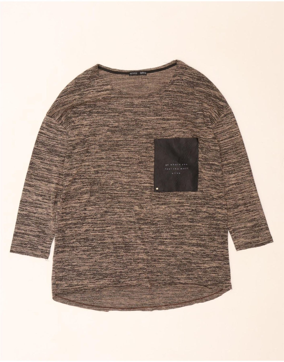 Top feminino Zara manga 3/4 Reino Unido 12 marrom médio manchado