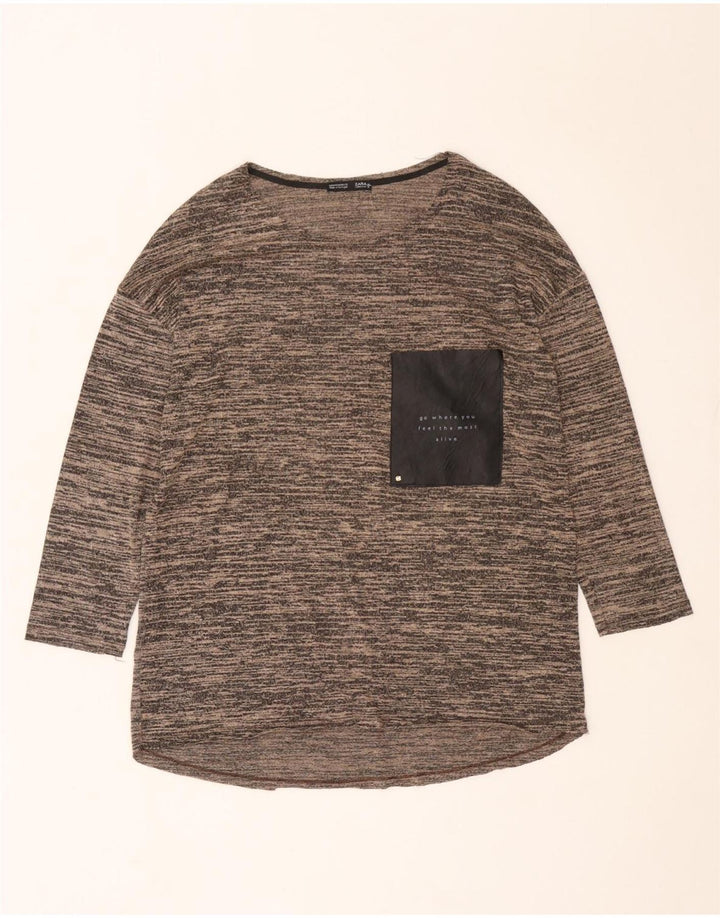 Top feminino Zara manga 3/4 Reino Unido 12 marrom médio manchado