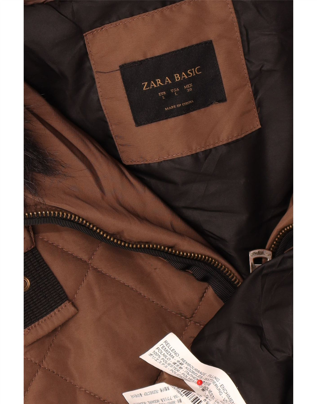 Casaco acolchoado com capuz feminino Zara UK 16 grande poliéster marrom