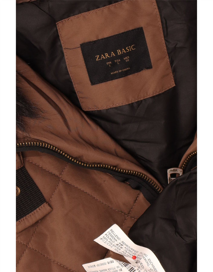 Casaco acolchoado com capuz feminino Zara UK 16 grande poliéster marrom