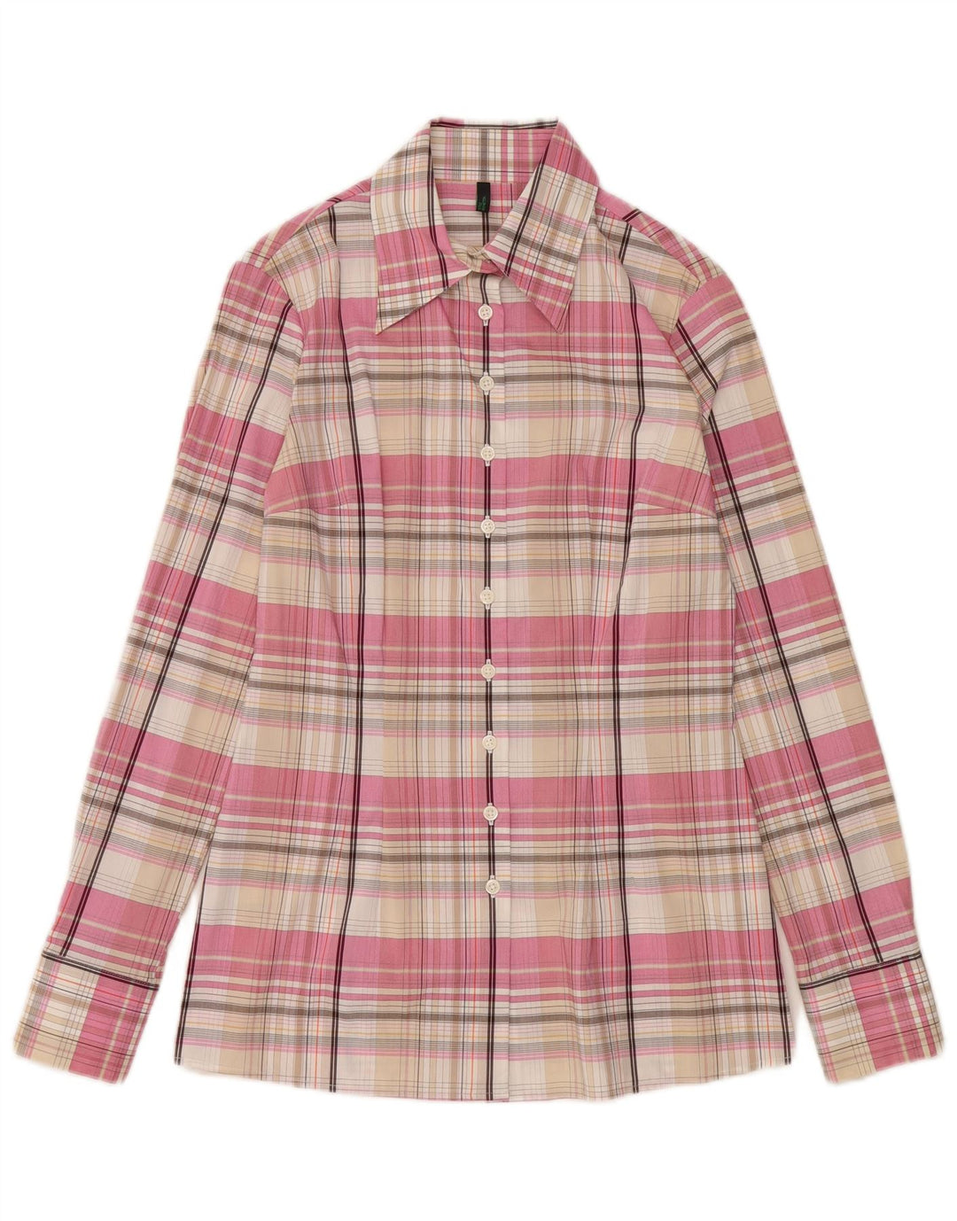 Camisa feminina Benetton UK 10 pequena xadrez rosa algodão