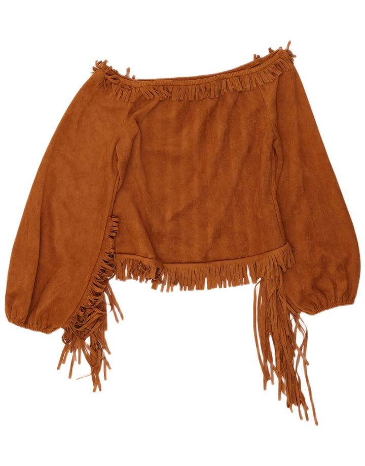 Colheita feminina vintage fora do ombro Top UK 12 poliéster marrom médio